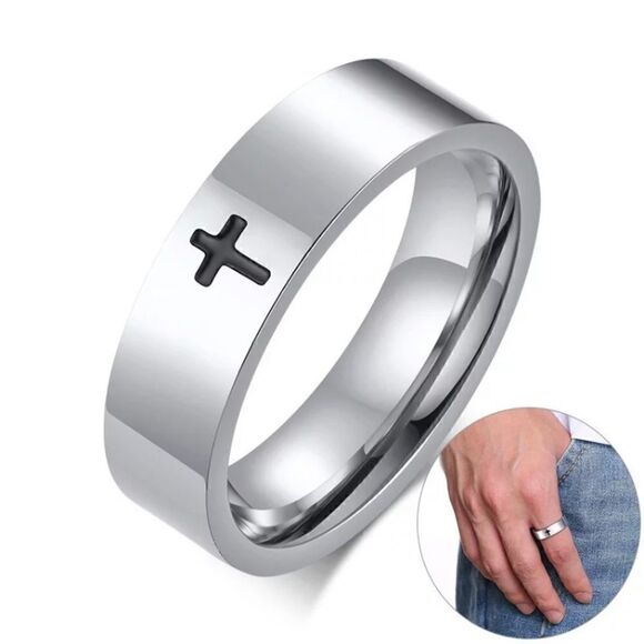 Men's Stainless Steel Black Easter Cross Ring - Picture 1 of 10